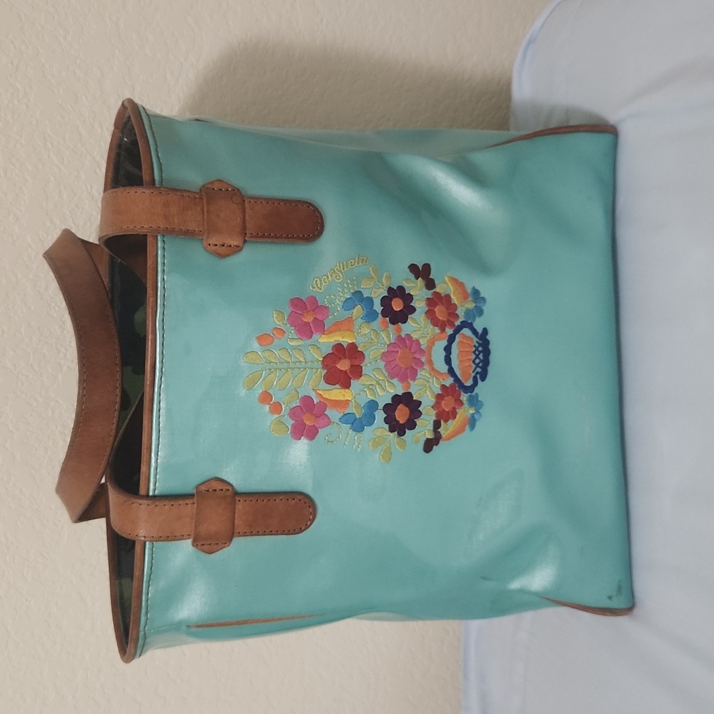 Consuela Turquoise Tote with Floral Embroidery